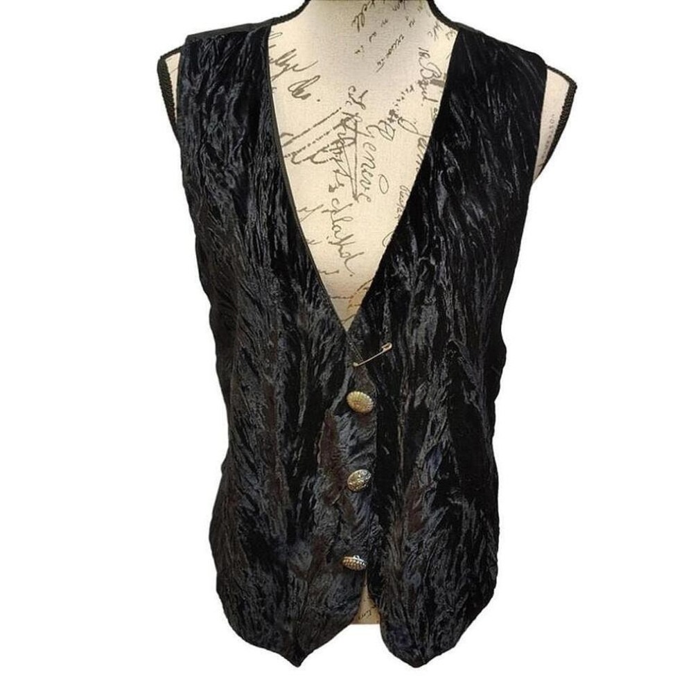 Vtg Rag Retro 90s Grunge Goth Womens Black Crushed Velvet Vest‎ L DIY Distressed